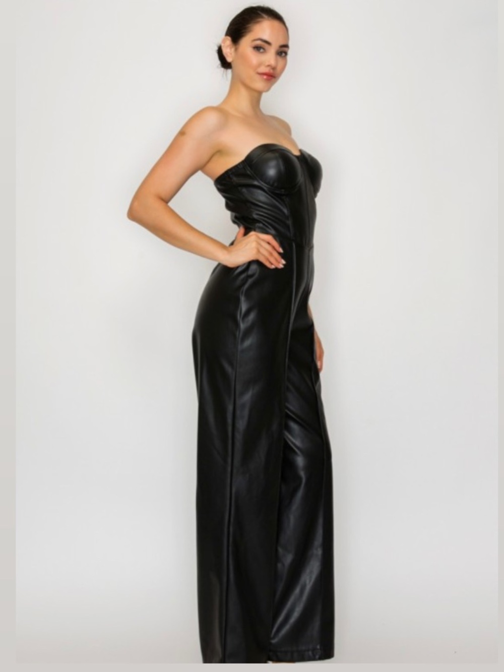 Tube Sweetheart Faux Leather Wide Jumpsuit NWT - Picture 4 of 5